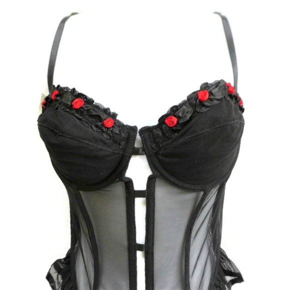 Vintage 90s Victoria's Secret Lingerie Teddy Underwire Black Garter Rosettes 34C - Picture 4 of 8